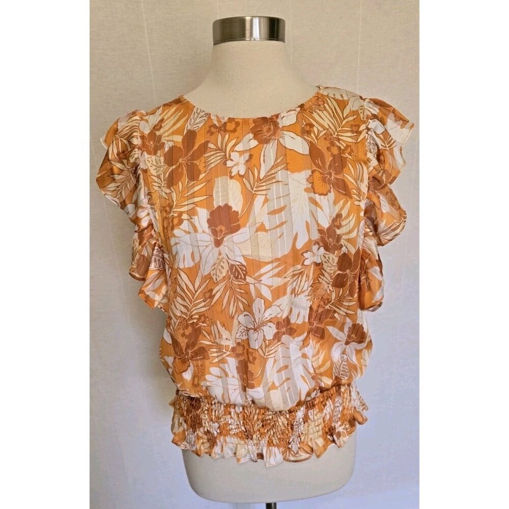 Pleione Womens Orange Blouse Size Medium Fluter‎ Sleeve Elastic Waist